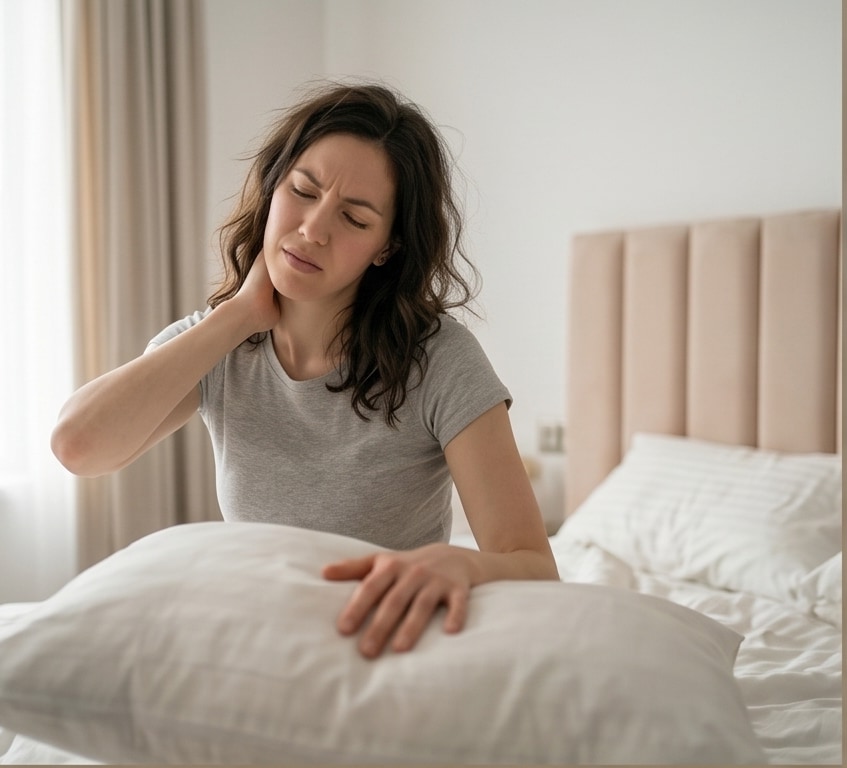 A woman holding her neck beside an ordinary pillow