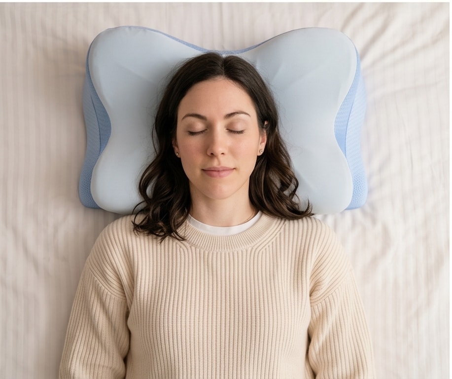 A woman resting on a light blue contour pillow in a warm bedroom